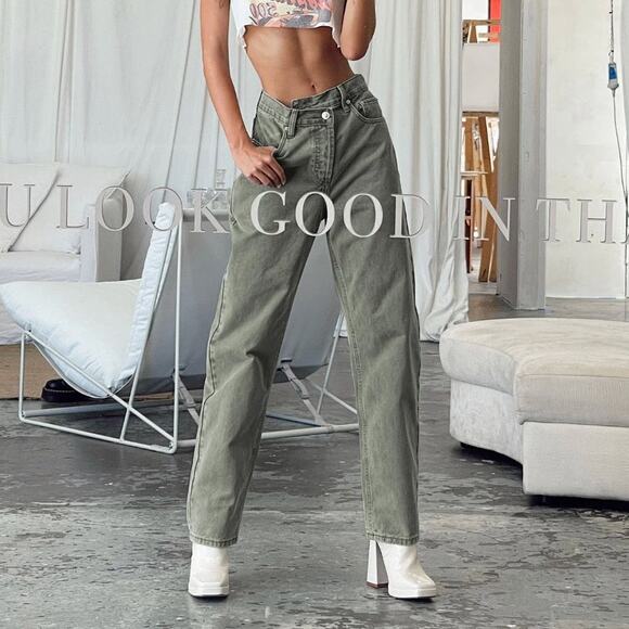 Holly Asymmetric Crossover Straight Leg Jean Washed Green Denim Princess Polly - Picture 1 of 9